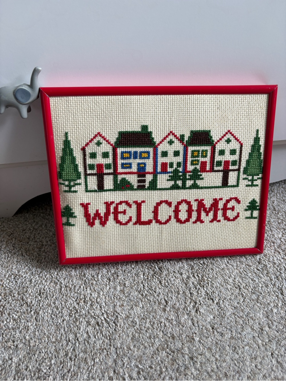 Vintage Handmade Cross-Stitch 'WELCOME' Wall Art Red Frame